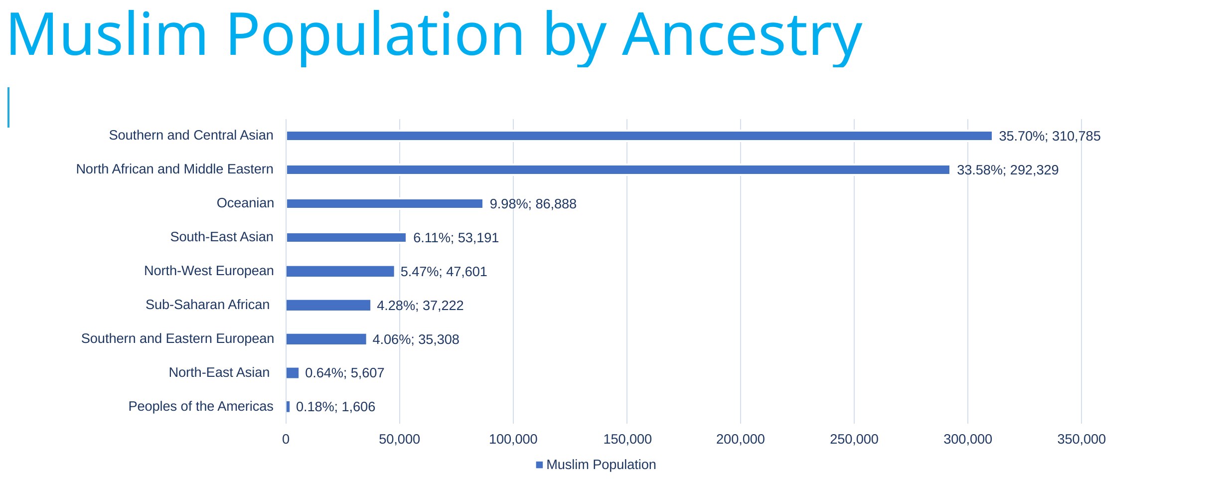 Muslim Population by Ancestry chart from the Australia Muslim Mapping report, showing Southern and Central Asian ancestry at 35.70% and North African and Middle Eastern ancestry at 33.58%