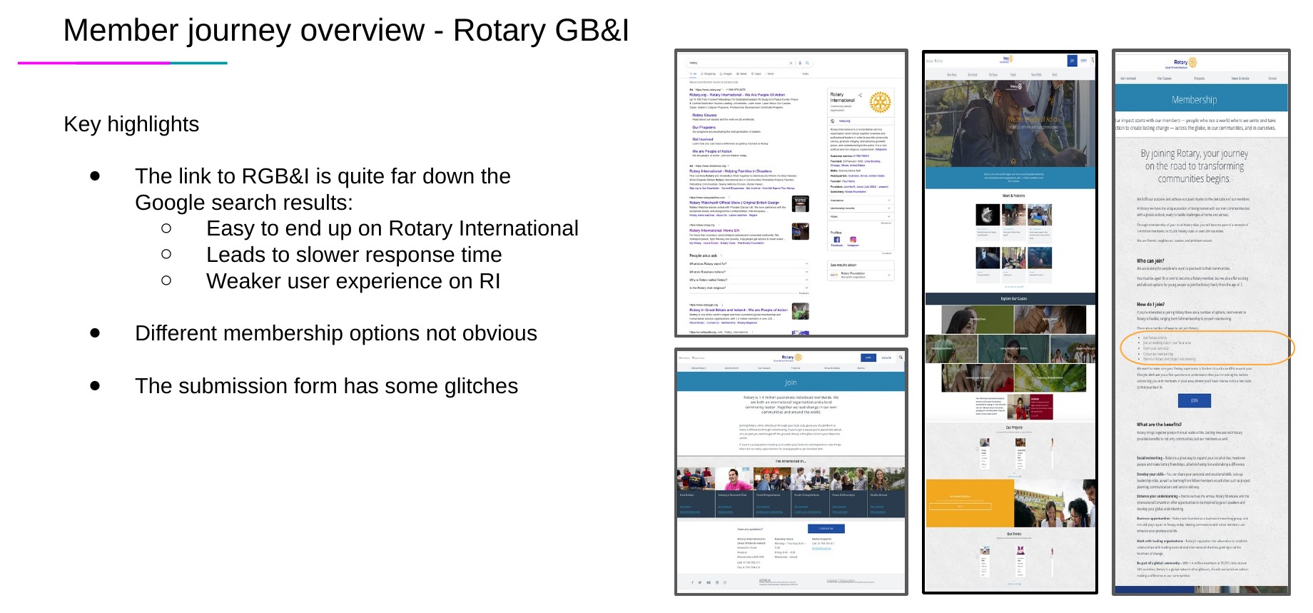 Rotary GB&I membership journey overview showing search visibility, the main website, the Join page and membership options